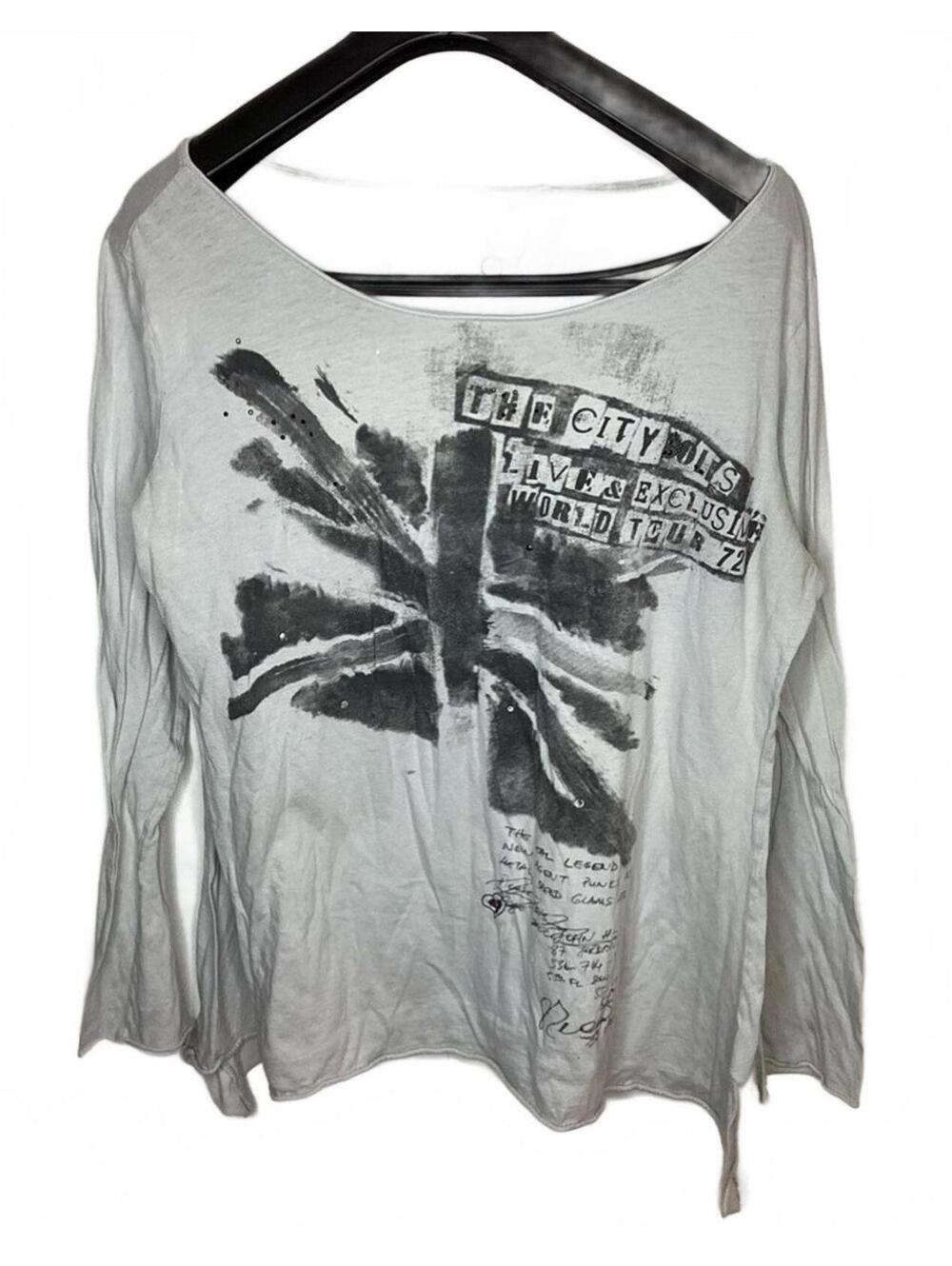 River Island Cotton Long Sleeve City Dolls T-Shirt. Black And Ivory. Size Lg.